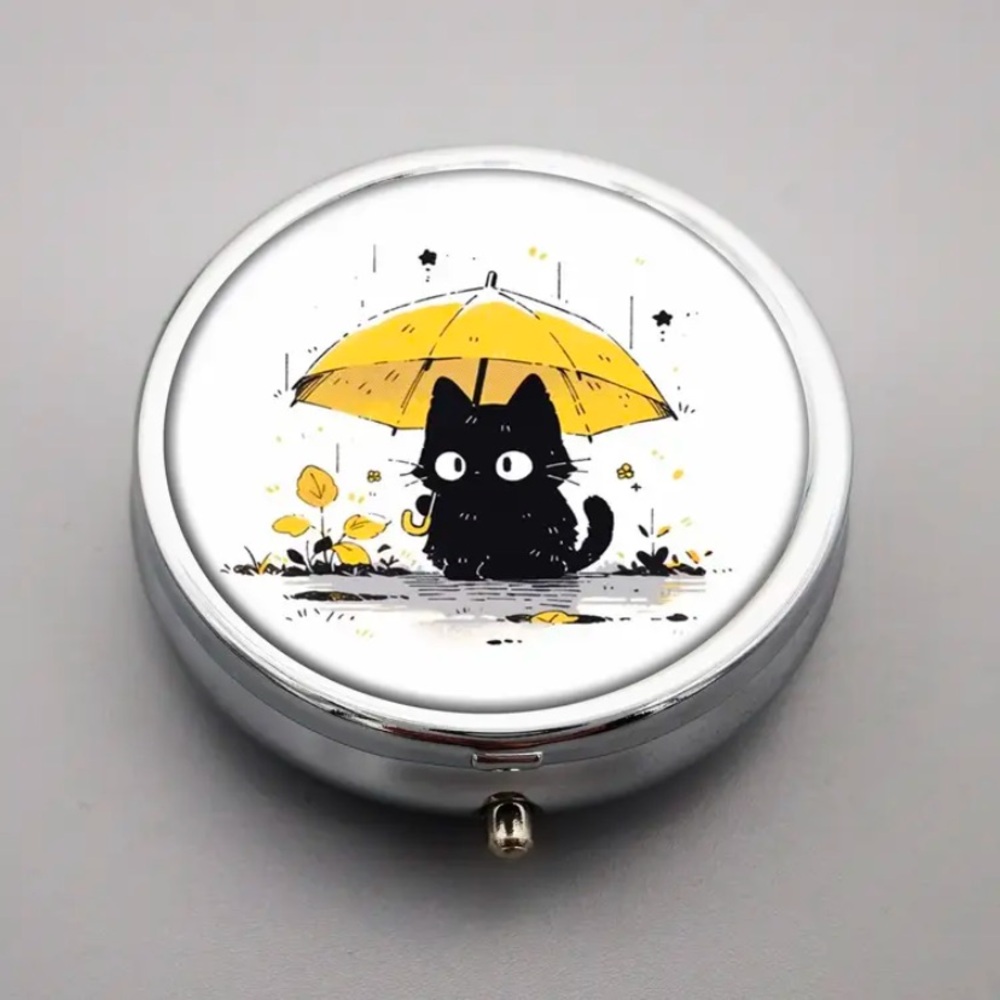 NIB Compact 3-Compartment Metal Pill Case with Black Cat Design - Picture 6 of 13